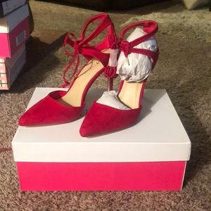 Dark Red lace up suede heels size 7.5 4 in heel. Never Worn